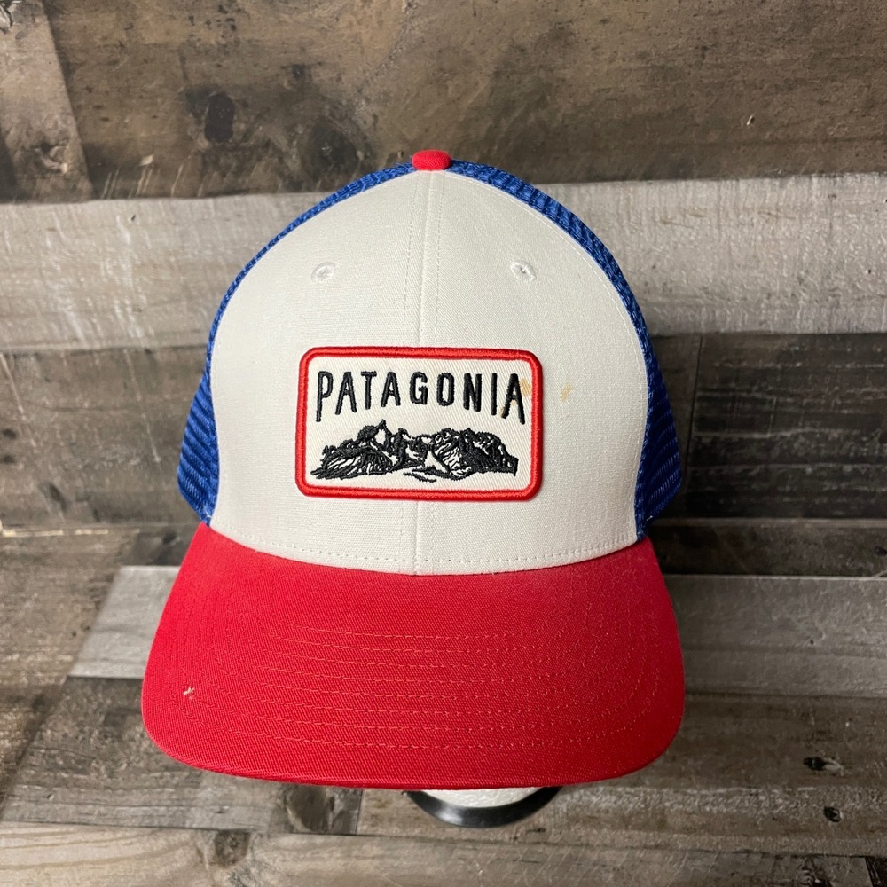 Patagonia Trucker Hat Red White Blue Mesh Cap Mountains Logo Adjustable